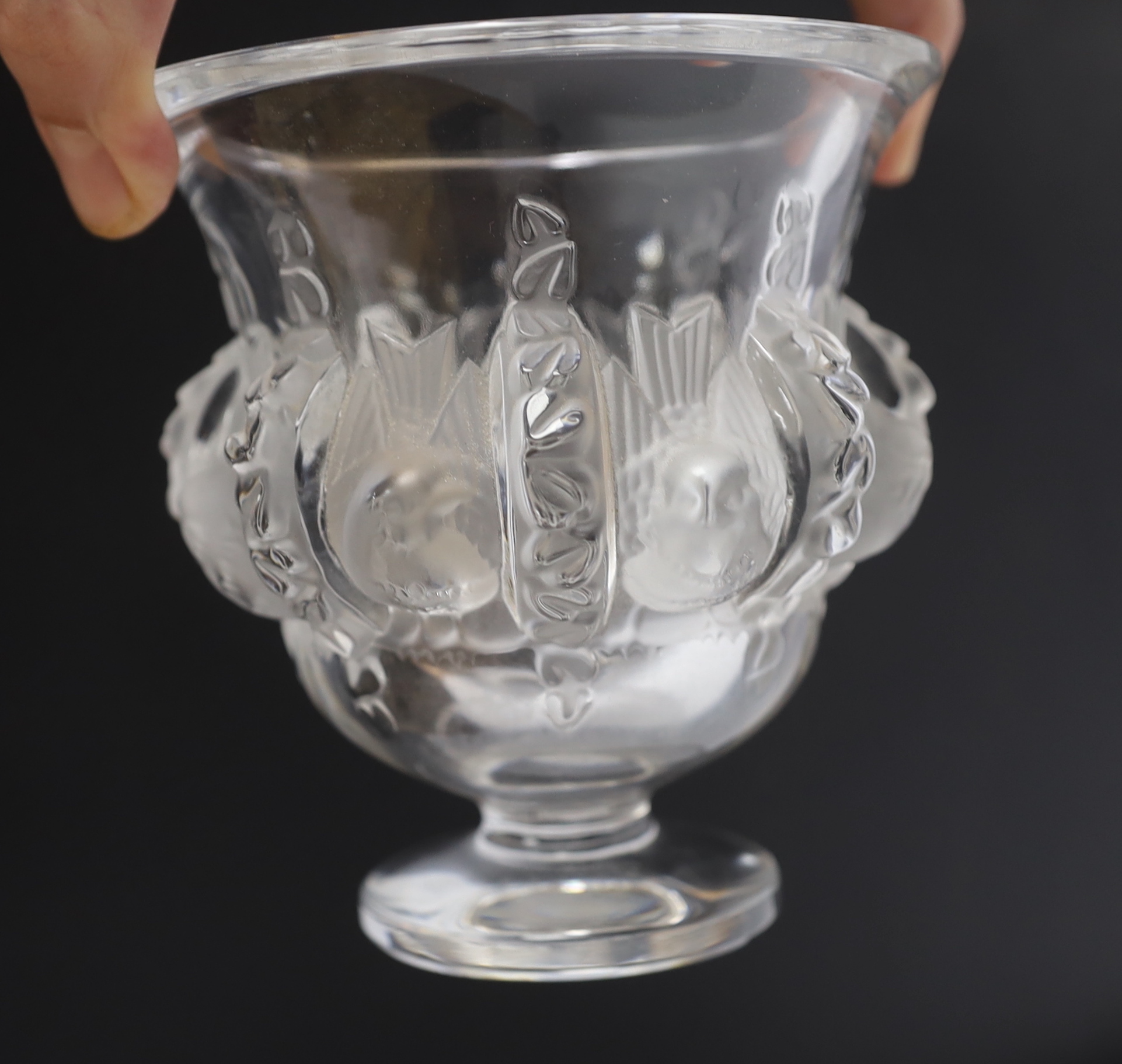 A later 20th century Lalique glass pedestal vase decorated in the Dampierre pattern, engraved signature ‘CM Lalique’, 13cm